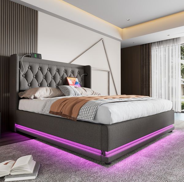 Polsterbett 180x200 cm, graue Baumwolle, mit Ladestation, 3-seitiger LED & Stauraum