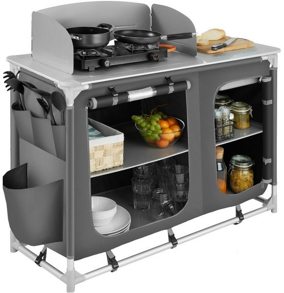 tectake Campingtisch Campingküche Luxus mit Aluminiumgestell und 4 Fächern (1-St, 1 tlg), Vielseitige Aufbauküche mit Aluminiumgestell