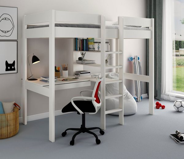 Lüttenhütt Hochbett Stockbett, Kinderbett, "ROBIN " FSC® zertifiziertes Massivholz mit Schreibtisch und Regalen