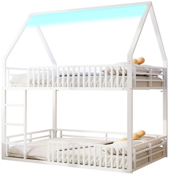 140x200 Haus-Etagenbett mit Zaun und LED-Licht, Weiß