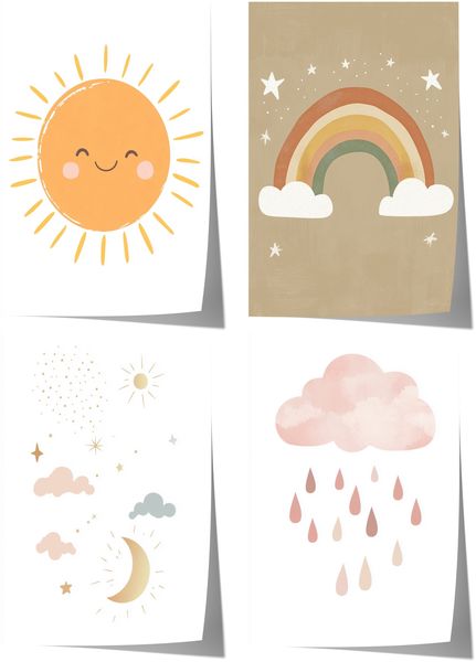 Boho Kinderzimmer Minimal Süß Aquarell Sonne Regenbogen Wolken Poster · Kinderzimmer Bilder · Wand Deko · Kunst Druck · Deko Print ohne Rahmen - 100 x 150 cm / D