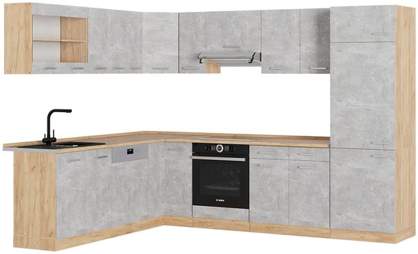 Eckküche R-Line Beton/Goldkraft Eiche 287 x 60 cm , AP Eiche Vicco