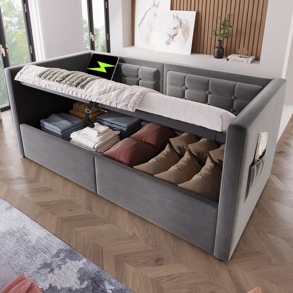 Schlafsofa Samt mit Stauraum & USB-Anschluss, 90x200 cm, Grau, ohne Matratze