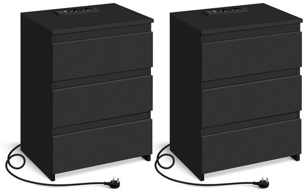 Yaheetech Nachttisch mit 3 Schubladen Nachtschrank (2-St), mit Ladestation, 2 USB-Anschlüsse und 2 AC-Steckdosen