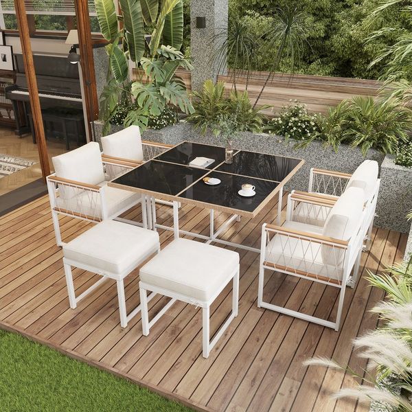 Ulife Gartenlounge-Set Gartenmöbel-Set, 7-teiliges Esstisch- und Stuhlset für 6 Personen, (7-tlg), 4 Sesseln und 2 Fußhocker, 1 Esstisch