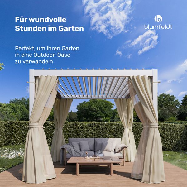 Blumfeldt Pergola 3x3 m - Lamellendach Verstellbar, Inkl. Vorhänge & Moskitonetze, UV-Schutz, Aluminium-Rahmen, Rostfrei, Ganzjährig Nutzbar, Weiß