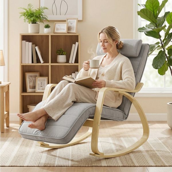 HOMCOM Schaukelstuhl Massagefunktion Heizung Kopfstütze (Lesesessel, 1 St), Schwingsessel für Wohnzimmer, Schlafzimmer, Hellgrau