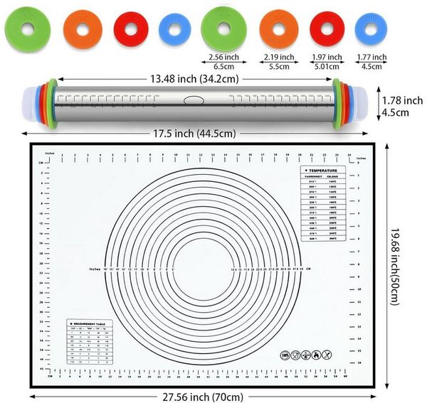 SURFOU Nudelholz Edelstahl Einstellbares 1 Teigroller 1 Silikon Backmatte, für Pizza Kekse Pfannkuchen Pasta Backen Utensilie