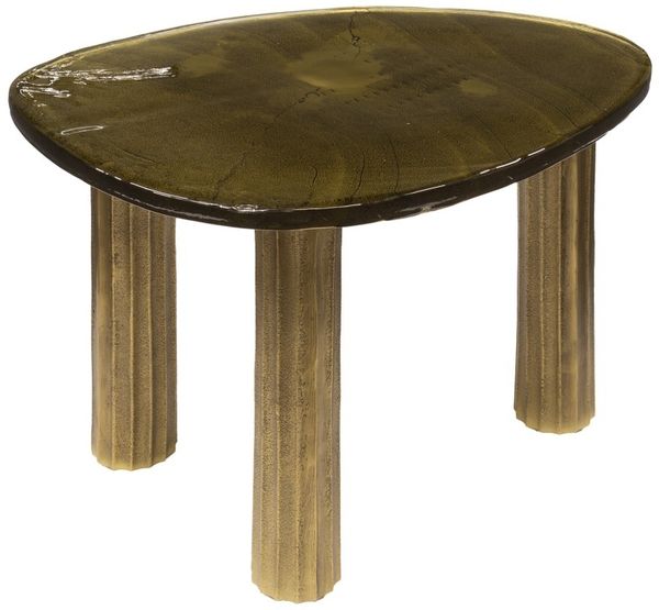 Couchtisch Klidun Glas und Aluminium, modern organisch, Antikgold, gewellte Glasplatte, Größe M