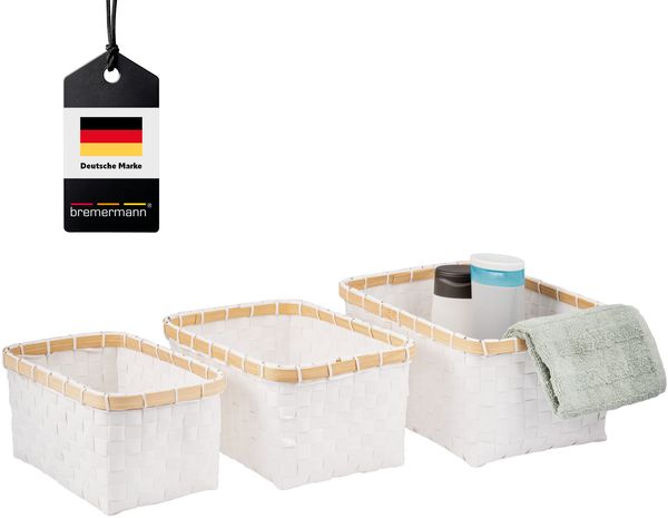 Aufbewahrungskörbe 3er Set, Bambus/PP-Streifen, 25,5 + 28 + 31 cm, weiß