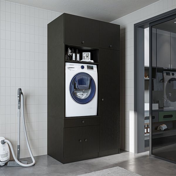 Roomart Schrankwand für Waschküche & Hauswirtschaftsraum – SERIE 1 – 112 cm breit – mit Ausziehbrett – Waschmaschinenschrank & Stauraumlösung • Schwarz-Eiche