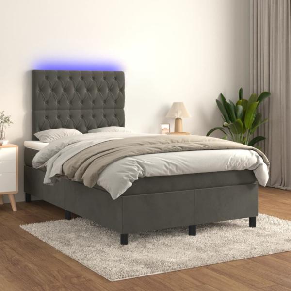 vidaXL Boxspringbett mit Matratze & LED Dunkelgrau 120x200 cm Samt, Härtegrad: H2 [3136294]