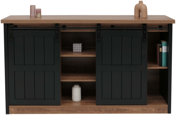 Sideboard HWC-K75, Highboard Regal Schrank Schiebetüre 7 Fächer Holz-Optik Industrial Metall 84x150x40cm ~ braun-schwarz