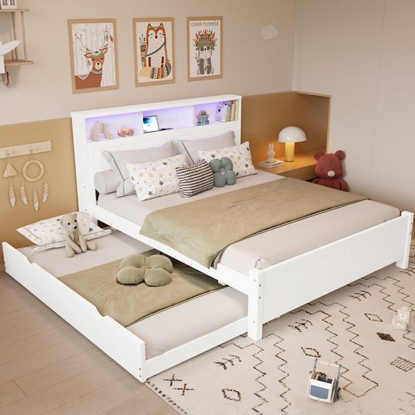 Merax Doppelbett 120x200&90*190cm, Flachbett, Familien-Spleißbett, Mit Umgebungslichtstreifen, Eingebaute Ladebuchse, Mit ausziehbarem Bett, Kopfteil-Aufbewahrung, Weiß