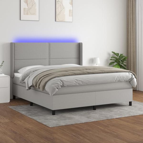 vidaXL Boxspringbett mit Matratze & LED Stoff Hellgrau 180 x 200 cm, Härtegrad: H2 [3138253]