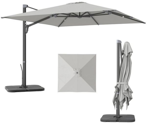 Outsunny Ampelschirm 3 x 3 m, mit Kurbel, Ständer, Wasserabweisend, höhenverstellbar, LxB: 365x297 cm, 360° drehbar Marktschirm, Alu Sonnenschirm, Sonnenschutz für Garten, Balkon, Hellgrau