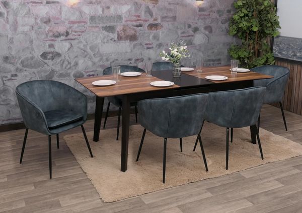 6er-Set Esszimmerstuhl HWC-O28, Küchenstuhl Polsterstuhl Stuhl, Stoff/Textil (340g/m²) Metall ~ blau