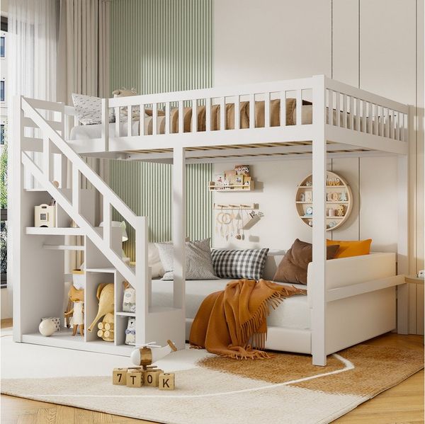 PXloue Hochbett 90/140 x 200 Stauraumbett Kinderbett (ohne LED-Lichtleiste) Holzbett Mit Treppe, Absturzsicherung, Erholungsgebiet, 140x200 cm
