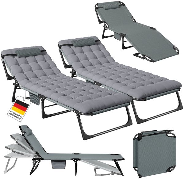 STEELSØN 'Nysaris' Sonnenliege mit Polsterauflage, grau, klappbar und leicht transportierbar, Gartenliege mit Seitentasche, Outdoor Liegestuhl bis 180 kg, 2er Set