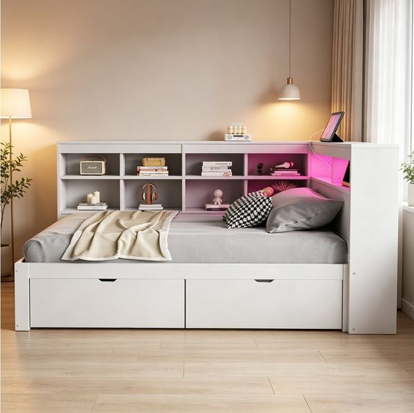 REDOM Stauraumbett mit USB-Steckdose und LED-Beleuchtung, mit Regalen und Ablagefächern (mit Schubladen,Kinderbett Jugendbett, 90x200cm), ohne Matratze