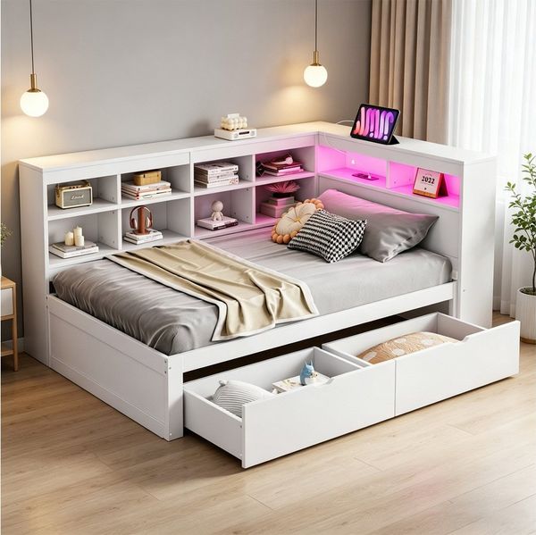 REDOM Stauraumbett mit USB-Steckdose und LED-Beleuchtung, mit Regalen und Ablagefächern (mit Schubladen,Kinderbett Jugendbett, 90x200cm), ohne Matratze