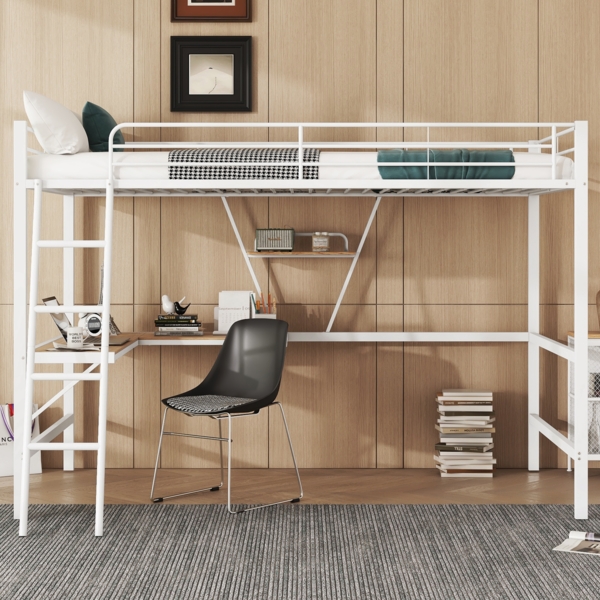 Merax Hochbett, 90x200cm Bettgestell Metallbett, Eisenbett, Hochbett mit L-förmigem Schreibtisch und einem Regal für Kinder, Jugendliche und Erwachsene, Ohne Matratze, Weiß