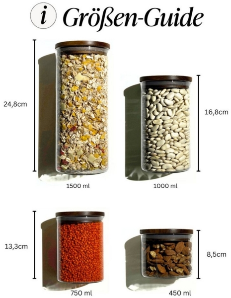 Zoha Vorratsglas Luftdichte Glasbehälter mit Akazienholz-Deckel & stapelbarem Glas, Borosilikatglas, (Komplett Set, 6-tlg, Verschiedene Größen), Behälter aus Glas - Borosilikatglas Bild 3