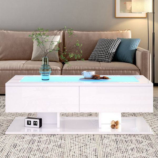 REDOM Couchtisch Hochglanz Beistelltisch mit Glasplatte (Wohnzimmertisch, Satztisch, 1-St, 2 Schubladen, 100*50*35cm), mit LED-Licht