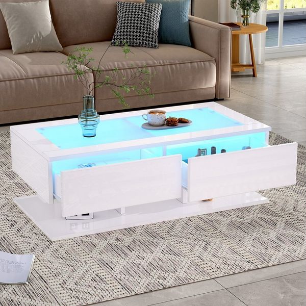 REDOM Couchtisch Hochglanz Beistelltisch mit Glasplatte (Wohnzimmertisch, Satztisch, 1-St, 2 Schubladen, 100*50*35cm), mit LED-Licht