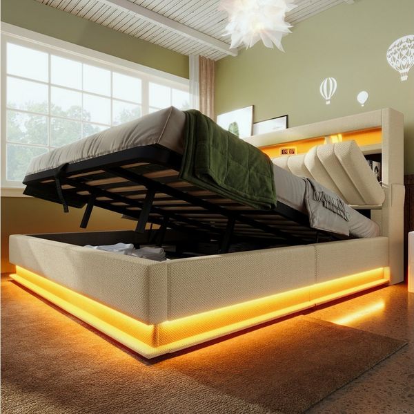 MODFU Polsterbett mit Stauraum LED Beleuchtung Ladefunktion (Struraumbett, Funktionsbett, 140x200 cm, mit Matratze (Dicke20cm), Beige), mit USB- und Typ-C-Anschlüssen, LED-Beleuchtung