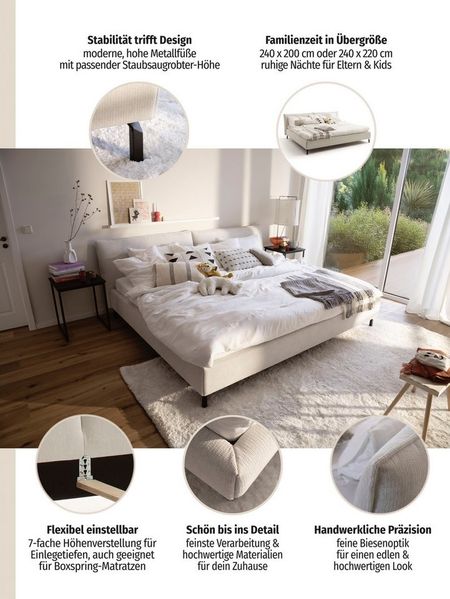 Home affaire Polsterbett Fionara, Familienbett, extrabreite Liegefläche 240cm, in 2 Längen, inkl. 7-fache Einlegetiefenverstellung & saugroboterfreundliche Höhe Bild 2