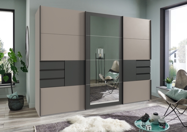 Schwebetürenschrank Kleiderschrank 270 cm 3-türig Schubladen Spiegel Sand Grau Grafit Bild 3