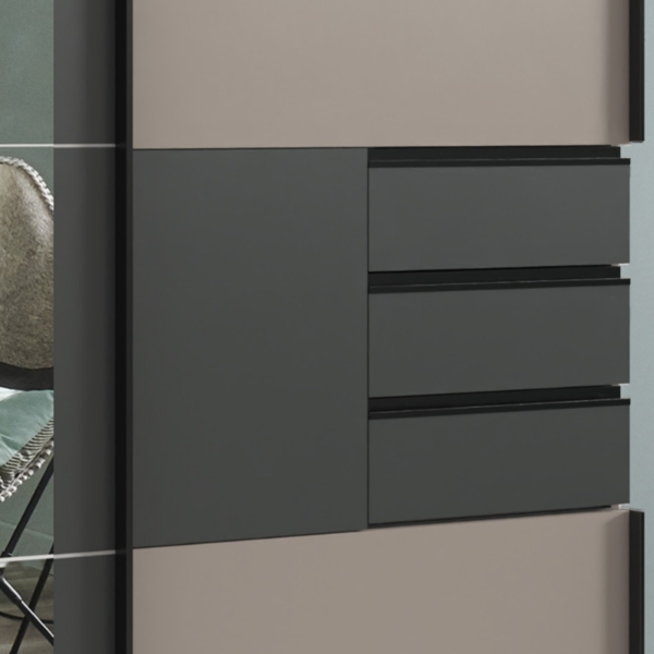 Schwebetürenschrank Kleiderschrank 270 cm 3-türig Schubladen Spiegel Sand Grau Grafit Bild 4