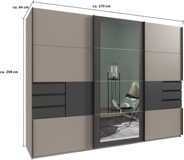 Schwebetürenschrank Kleiderschrank 270 cm 3-türig Schubladen Spiegel Sand Grau Grafit Bild 7
