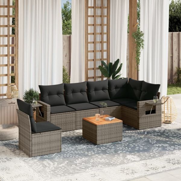 vidaXL 7-tlg. Garten-Sofagarnitur mit Kissen Grau Poly Rattan 3224590