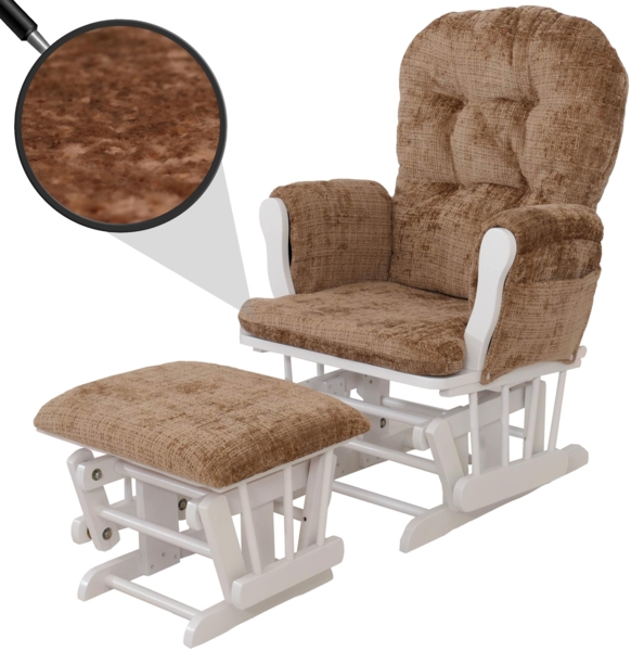 Relaxsessel HWC-C76, Schaukelstuhl Schwingstuhl mit Hocker Stoff Chenille (465g/m²) Öko-Tex ~ hellbraun, Gestell weiß