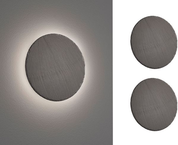 2er SET flache LED Innen Wandleuchten aus Naturschiefer, Ø 20cm