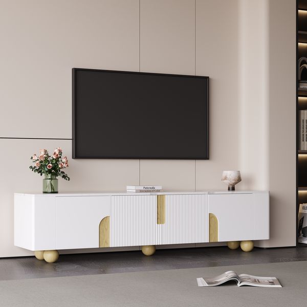 TV-Schrank 180 cm Weiß Holzoptik mit Marmoroberfläche, 4-türig, Massivholzfüße, modernes Sideboard fürs Wohnzimmer