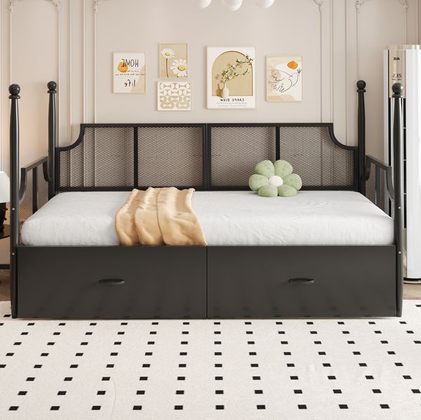 Bett 90x200 cm mit Stauraum – Vintage Eisenbettsofa in Schwarz