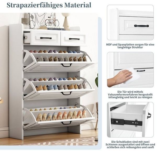 Merax Schuhkipper mit 6 Fächer und 2 Schubladen, Schuhschrank mit drei Klappen,Schuhregal Landhaus Bild 4