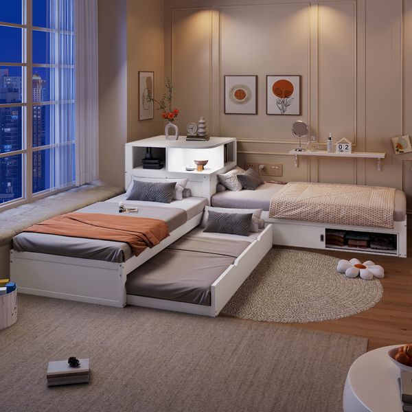 Merax Kinderbett L-förmiges Holzbett 90x200cm, mit Ausziehbett 90x190cm, Schiebetür-Stauraum und LED-Nachtlicht, Weiß