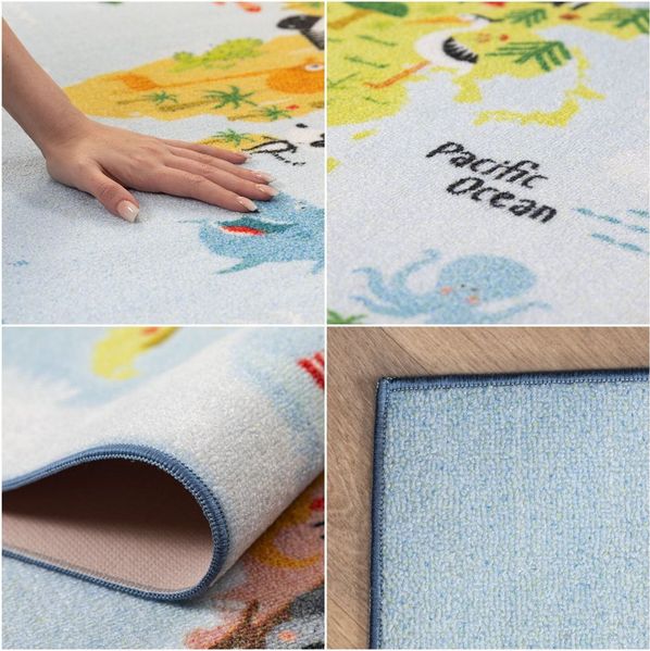 SIMPEX24 Teppich Weltkarte mit Tier Design, Rechteckig, Höhe: 7 mm, Kinderteppich Weltkarte mit Tierdesign Teppich Kinderzimmer Rutschfest