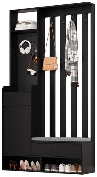 Merax Garderoben-Set mit gepolsterter Aufbewahrungsbank, (Kompaktgarderobe für Ihren Eingangsbereich, H180/B100/T35 cm), Flurgarderobe mit Sitzbank, Stecktafel, Schubladen & Kleiderhaken
