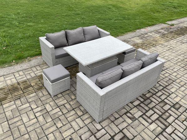 Fimous Polyrattan Gartenmöbel Set mit 2 Sofa; Höhe verstellbar Esstisch und 2 Kleiner Hocker Outdoor Terrassen Essgruppe Helles Grau