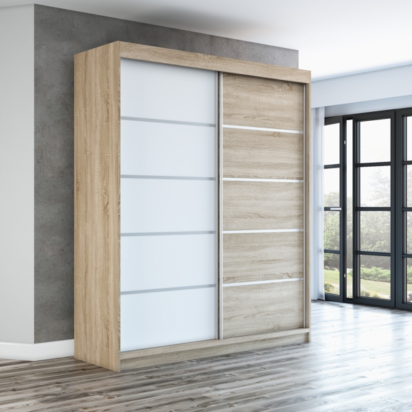Schwebetürenschrank TREND 2-türig Schrank 180 cm (mit Spiegel) Farbe: Sonoma , weiß