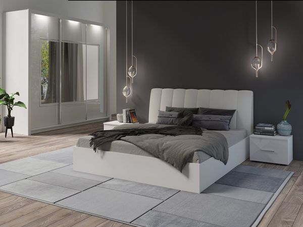 Möbel für Dich Komplettschlafzimmer Italia in Hochglanz-Weiß, Schiebetürenschrank mit Spiegel, LED, Bett mit Lattenrost, Bettkasten