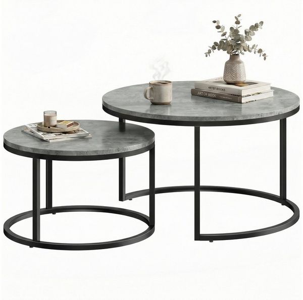 HOMCOM Couchtisch Runder Kaffeetisch (Satztisch, 2-St, Wohnzimmertisch), 78,5 x 78,5 x 46,5 cm, Grau