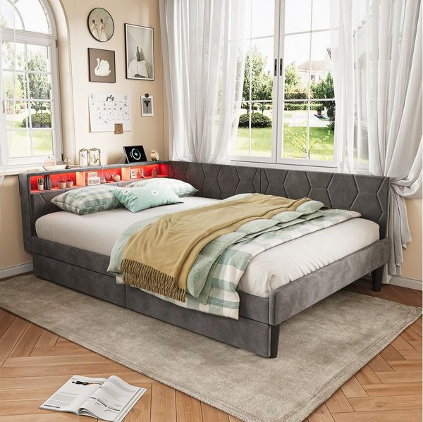 ADWOLT Daybett Tagesbett Polsterbett mit LED-Beleuchtung und Stauraum, Schlafsofa,Jugendbett 140x200 mit 2 Schubladen und USB&Typ-C,Grau