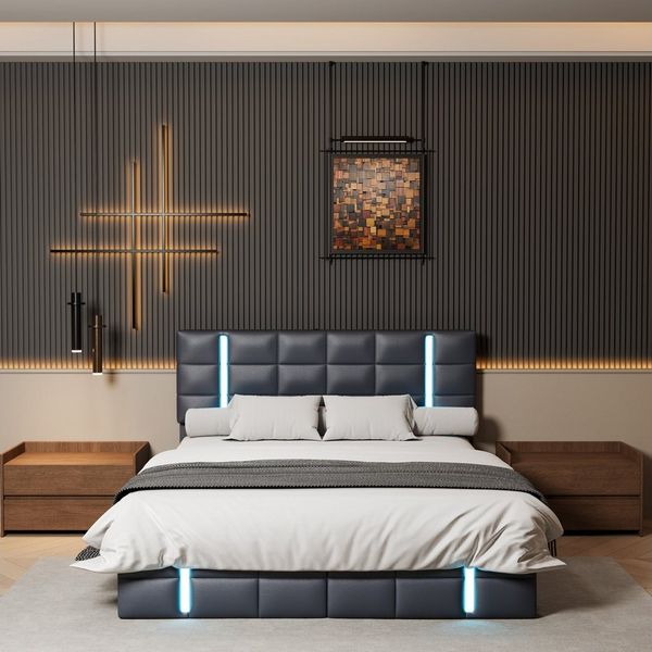 PXloue Polsterbett Modernes Polsterbett mit LED-Beleuchtung und Stauraum (Inklusive USB-Typ-C-Ladeanschluss), Stilvolles Design mit Stauraum und Lattenrost.