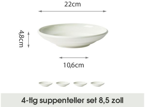 JIWOO Suppenteller 4er Ø22cm, Speiseteller Pastateller Salatteller Dessertteller Plate, (4 St), Keramik Tellerset Weiß mikrowellen- und spülmaschinenfest Ø21,2 cm